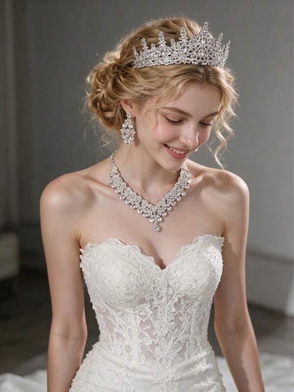 Sparkling Silver Bridal Set, Exquisite High-Style Diamond Tiara, Includes Luxurious Necklace And Pendant Earrings, Designed For Grand Wedding Day