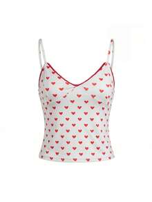 Women Polyester Polka Dot Spaghetti Strap Tank Tops Y2K Fairycore Lace Trim Corset Camisole V Neck Slim Cami Tops Cute Crop Tops Summer Going Out Top - 紅色愛心 - 查看 4