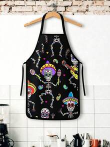 4Pcs/1pcDay Of The Dead Print Apron, Sugar Skull Skeleton Pattern Kitchen Apron For Cooking Baking Halloween PartySkeleton Apron For Halloween, White Human Skeleton Bones Print Black Kitchen Apron - Multicolor - View 10