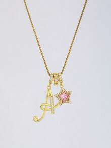 1pc Gold Tone Rhinestone Letter A Pendant Necklace With Pink Star Charm Cute Elegant Box Chain Jewelry For Girls Birthday Party Daily Wear - Gold - View 4