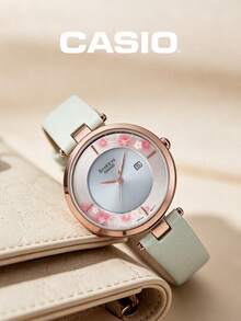 Casio SHEEN Women's Round Sakura Pattern Dial Mint Green Smooth Strap Date Display 3ATM Water Resistant Elegant Quartz Watch SHS-C110CGL-7AUPFH - Green - View 1