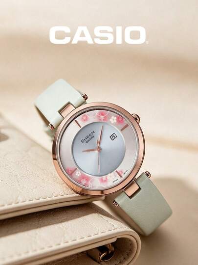 Casio SHEEN Women's Round Sakura Pattern Dial Mint Green Smooth Strap Date Display 3ATM Water Resistant Elegant Quartz Watch SHS-C110CGL-7AUPFH