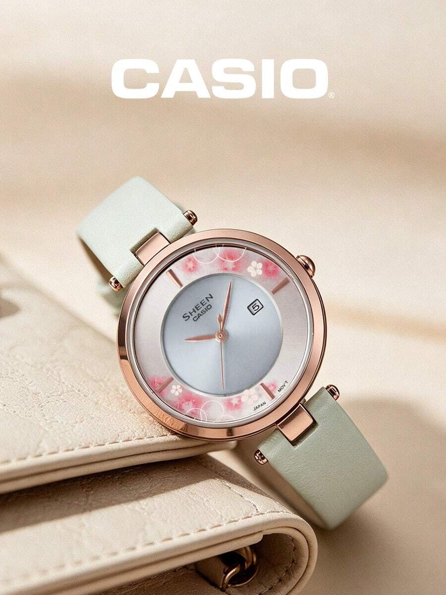Casio SHEEN Women's Round Sakura Pattern Dial Mint Green Smooth Strap Date Display 3ATM Water Resistant Elegant Quartz Watch SHS-C110CGL-7AUPFH - Green - View 1