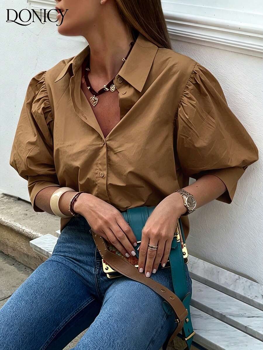DONICY Women's Solid Color Lapel Mid-Sleeve Petal Sleeve Blouse, Fashionable And Elegant Top - Coffee Brown - View 1