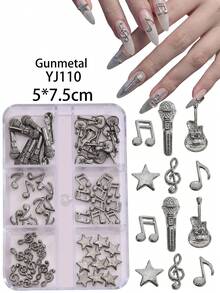 6-Grid Box Music Theme Nail Art Metal Charms Musical Notes Microphone Guitar Star Multi-Style Gold & Silver Box DIY Wearable Nail Decoration Accessories - Multicolor - View 11