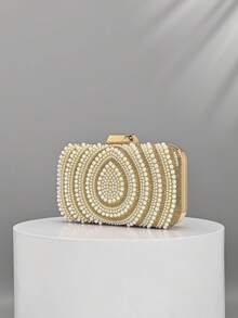 1pc Square Gold Multi-Layer Pearl Rhinestone Evening Clutch, Metal Square Buckle Luxury Dress Handbag, Detachable Chain Crossbody Small Bag For Bride Wedding Bridesmaid, Annual Meeting Party Elegant Cheongsam Accessory Bag - Gold - View 5