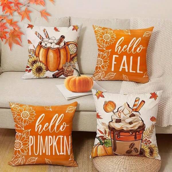 Set 4 Buah Sarung Bantal Halloween, Tekstur Linen Motif Kucing Hitam, Hantu, , dan Polkadot, Sarung Bantal Dekoratif Bertema "Boo" untuk Sofa, Kamar Tidur, Liburan, dan Dekorasi Rumah Dalam Ruangan