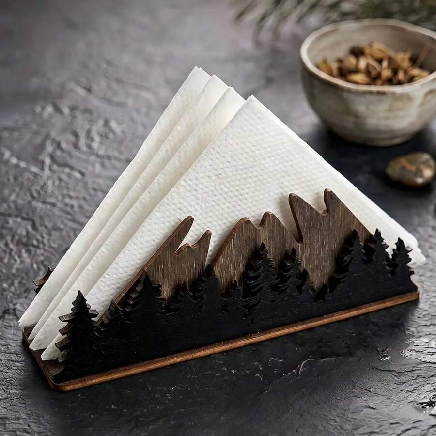 Wooden Mountain Forest Napkin Holder, Rustic Pine Tree Landscape Tissue Stand For Dining Table Decor - Multicolor - View 1