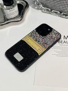 1 buah Casing Ponsel Anti Jatuh Berwarna Hitam Berkilau dengan Hiasan Berlian Imitasi, Kompatibel dengan 18promax/17pro - Hitam - View 4
