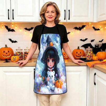 1pc Halloween Pumpkin, Ghost, Bat, Black Cat, Spider Web, Vintage Skeleton Witch, Haunted House, Halloween Pattern Apron, Suitable For Home Decor And Kitchen Use. Made Of 100% Polyester Material, Designed As Sleeveless Style, Perfect For Home Kitchen, Outdoor BBQ Cooking. This Printed Apron Is Unisex, Machine Washable And Reusable, A Must-Have Kitchen Essential