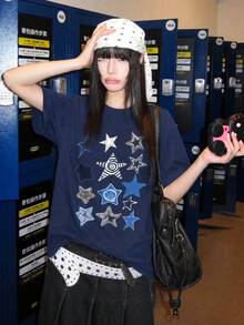 Y2K風格女款夏季新款休閒寬鬆美式星星印花短袖T恤上衣 - 深藍 - 查看 3