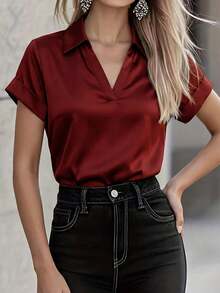 Minimal Silky Vacation Short Sleeve Shirt Graduation Commute Travel Vacation City Trip Leisure Brunch Wear - Burgundy - View 8