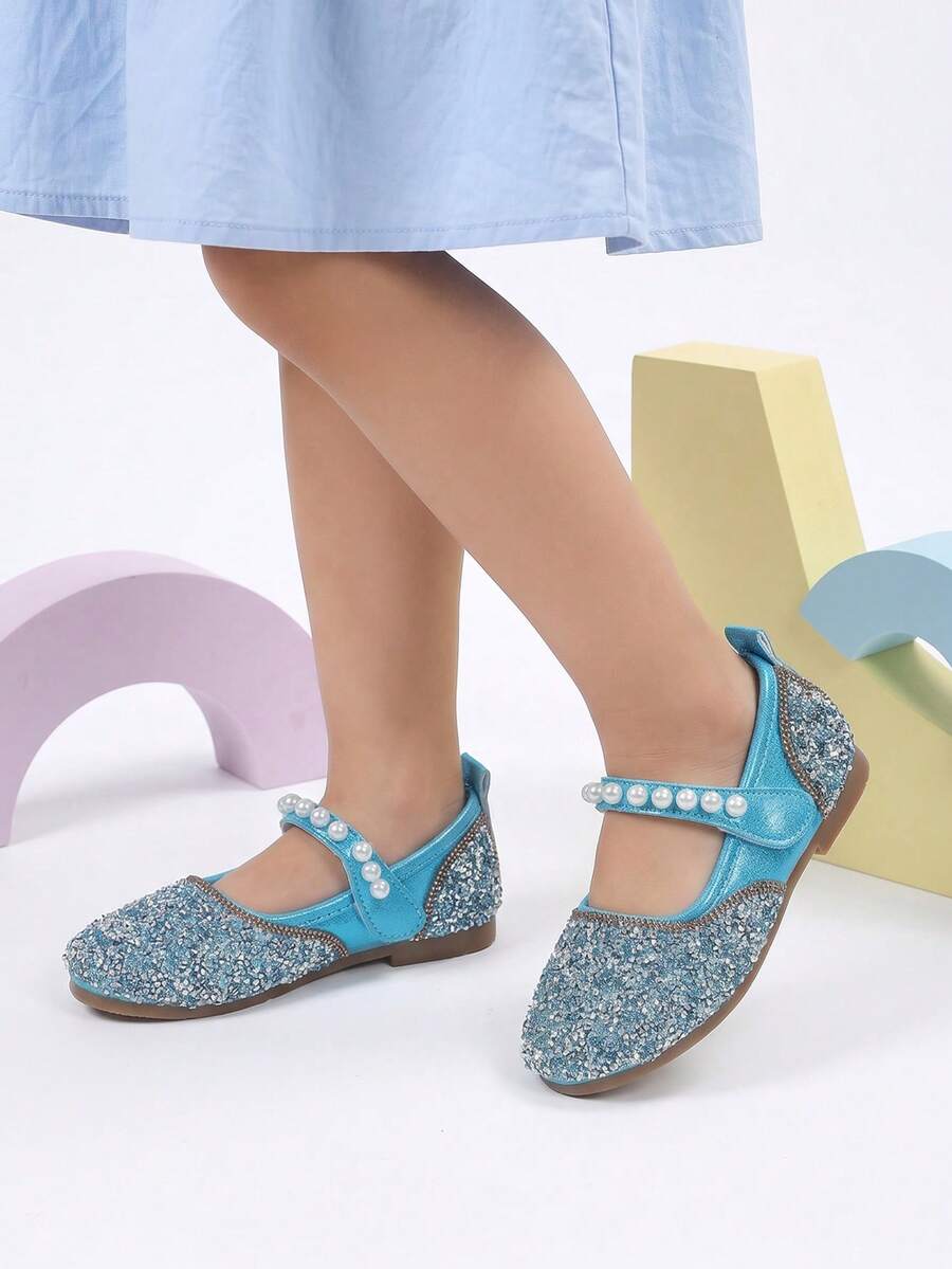 1 Pair Girls' Dual-Color Rhinestone & White Pearl Hook-And-Loop Blue Flat Shoes, Suitable For Performance And Daily Wear - Blue - View 1
