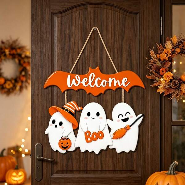1pc Cute Ghost Welcome Door Hanging Sign, Bat Shape Wooden Halloween Door Sign With Boo Pumpkin Broom Ghost Design, Front Porch Farmhouse Halloween Decor, Indoor Outdoor Wall Hanging Ornament For Halloween Party Home Decorations