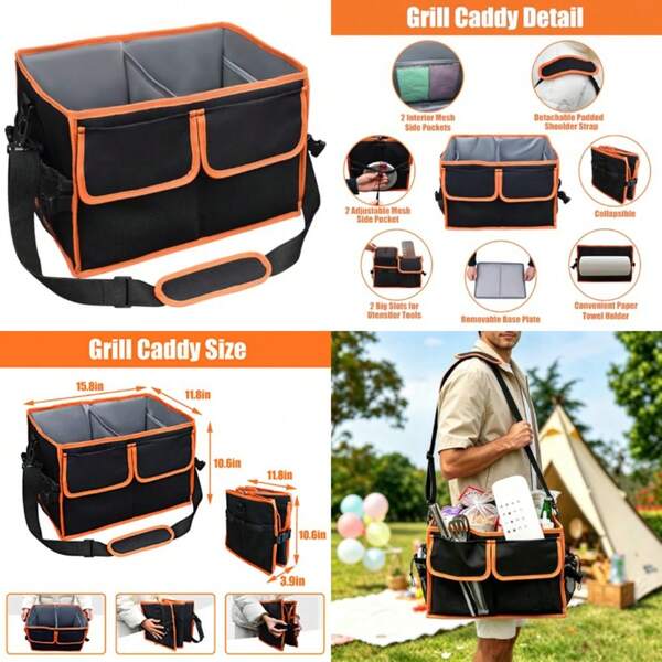 Large Grill Caddy Bag With Paper Towel Holder For Outdoor Grills, Foldable Griddle Caddy Organizer For Stone Accessories, 600D Waterproof Oxford, Easy-Carry For Utensils And Condiments