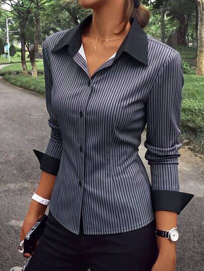 Matte Satin Vertical Striped Shirt, Contrast Collar, Casual Business Long Sleeve Women's Blouse, All-Season Versatile For Daily Commute And Multiple Occasions
