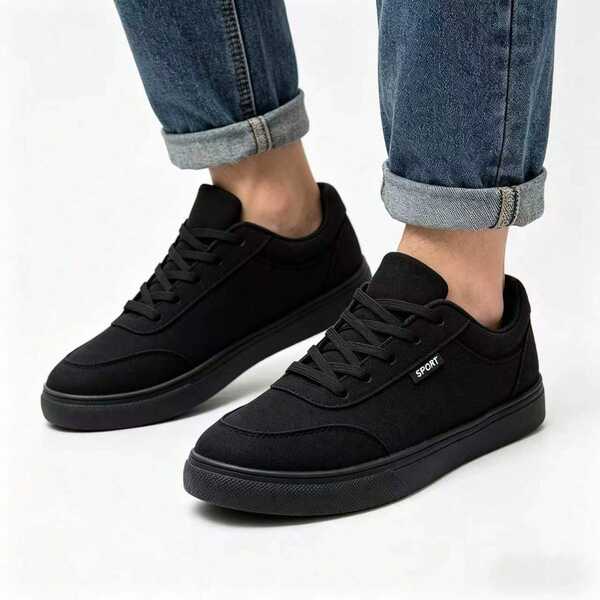 Men's Black Classic Canvas Sneakers | Lightweight Breathable Low-Top Casual Shoes | Lace-Up Comfortable Flat Shoes | Suitable For Daily Commute, Shopping, Travel, Vacation And Back To School