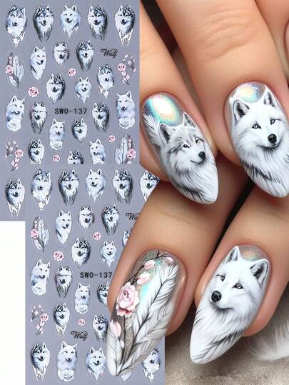 5D White Wolf & Fox Nail Stickers 2pcs Autumn Winter Wildlife Themes Feather Rose Pink Floral Petal Letter Design DIY Gothic Y2K Self-Adhesive Decals Slider Nail Art Decoration Nail Supplies For Women And Girls