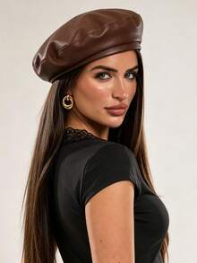 1pc Maillard Solid Color Beret Hat, Women's Autumn/Winter New Vintage Versatile Cap, Flattering Face-Slimming Design - Black - View 11