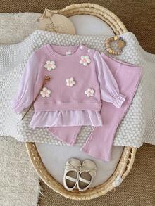 Baby Girls 2pcs Casual Set With 3D Floral Ribbed Flare Pants - Pink - View 4