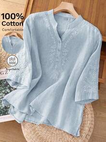 Women's Summer Autumn Elegant Vintage Artistic Casual 100% Cotton Solid Color Non-Positioned Embroidery Cotton Linen Loose Fit Daily Commute Blouse, Holiday Vacation Outing Versatile Cotton Embroidered Elegant Shirt, Commute Business Casual Office Tea Party Versatile Embroidered Blouse - Blue - View 2