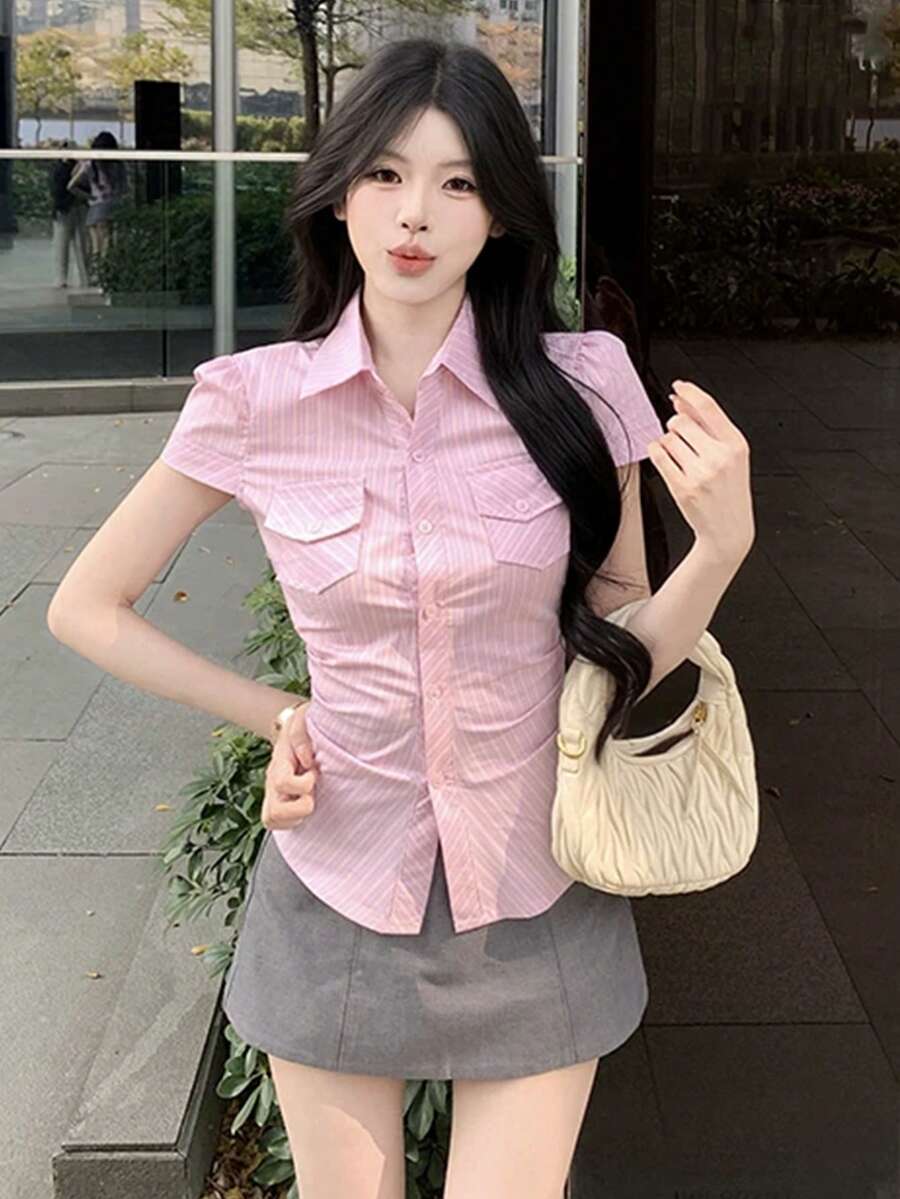 Summer Stylish Pink Striped Short Sleeve Shirt, New Design Slim Fit Blouse For Women - Pink - View 1