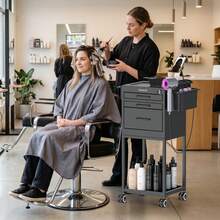 Salon Metal Trolley Cart For Salon Station - Space Saving Salon Rolling Cart With 2 Magnetic Bowls - Black - View 2