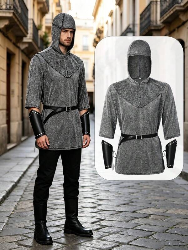 Vintage Medieval Chainmail Style Full Outfit, Includes Hooded Headpiece, Short Sleeve Top, Leather Wrist Guards, Belt, Faux Metal Mesh Texture, Durable And Breathable, Vintage Knight Stage Costume, Loose Fit Versatile Retro Cover Up Set, Cosplay Outfit For Anime Convention, Drama, Film And TV, Niche Vintage Style, Delicate Texture Slimming Performance Gear, Halloween, Christmas Fashion Item