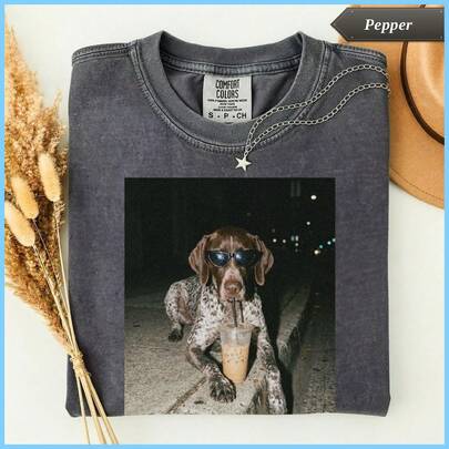 ComfortColors® German Shorthaired Pointer Drinking Iced Coffee Shirt, Dog Meme Graphic Tee, Funny P