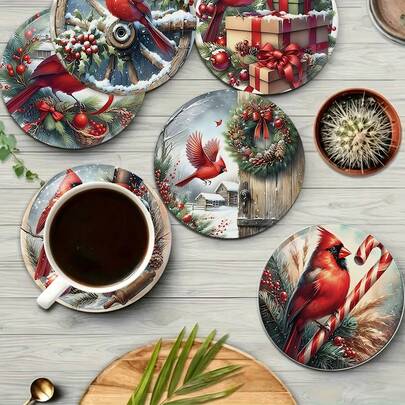 Merry Christmas Cardinal Element Design PET Anti-Slip Coaster, Home Kitchen Decor Accessory, Outdoor Garden Supplies, Suitable For Various Holiday Parties, Wedding Accessories, Thanksgiving, Halloween, Day Of The Dead, Back To School Season Decorative Gift