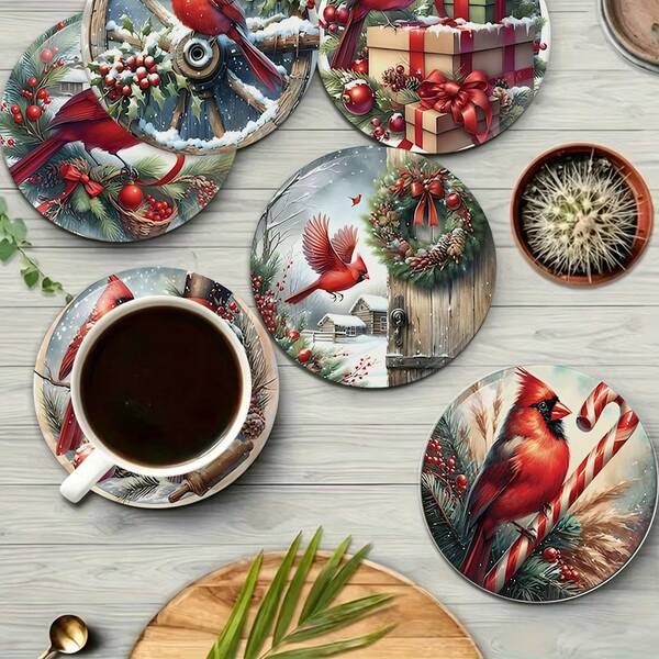 Merry Christmas Cardinal Element Design PET Anti-Slip Coaster, Home Kitchen Decor Accessory, Outdoor Garden Supplies, Suitable For Various Holiday Parties, Wedding Accessories, Thanksgiving, Halloween, Day Of The Dead, Back To School Season Decorative Gift