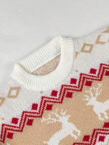1pc Girls/Teens Christmas Gift Cute Reindeer & Snowflake Round Neck Sweater, Spring/Autumn/Winter - Multicolor - View 5