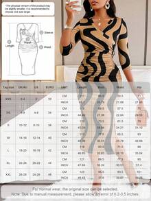 AIJ Gaun Midi Bodycon Berkerut Leher V dengan Motif Gelombang Amarilo untuk Wanita (Motif Acak) Elegan untuk Musim Semi - Khaki - View 4