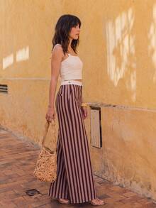 Pantalones de pierna ancha a rayas de cintura alta para mujer, estilo bohemio, pantalones largos de pierna ancha fluidos para vacaciones de verano - Multicolor - Ver 4