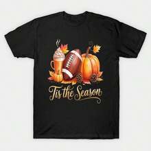 Pumpkin Spice Football Tis The Season T-Shirt Casual - 黑色 - 查看 1