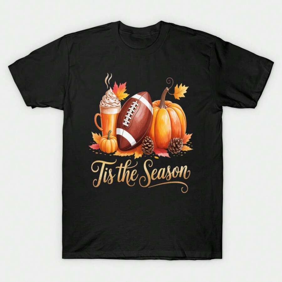 Pumpkin Spice Football Tis The Season T-Shirt Casual - 黑色 - 查看 1