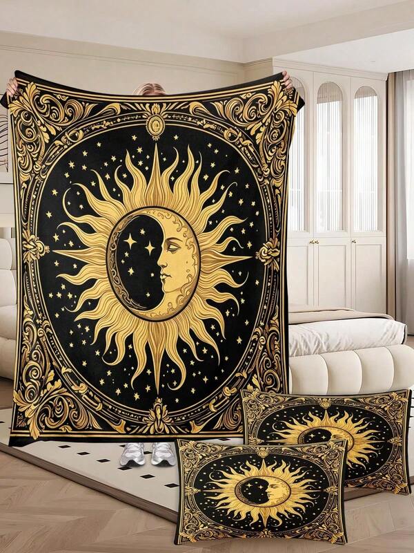 Juego de manta de franela y funda de almohada con diseño celestial de sol y luna, decoración mística para el hogar, ropa de cama, regalo para mamá, hermana, esposa, novia, amiga, cumpleaños, Halloween, Acción de Gracias, Navidad, inauguración de casa, aniversario, dormitorio, sofá, sala de estar, apartamento, habitación de invitados