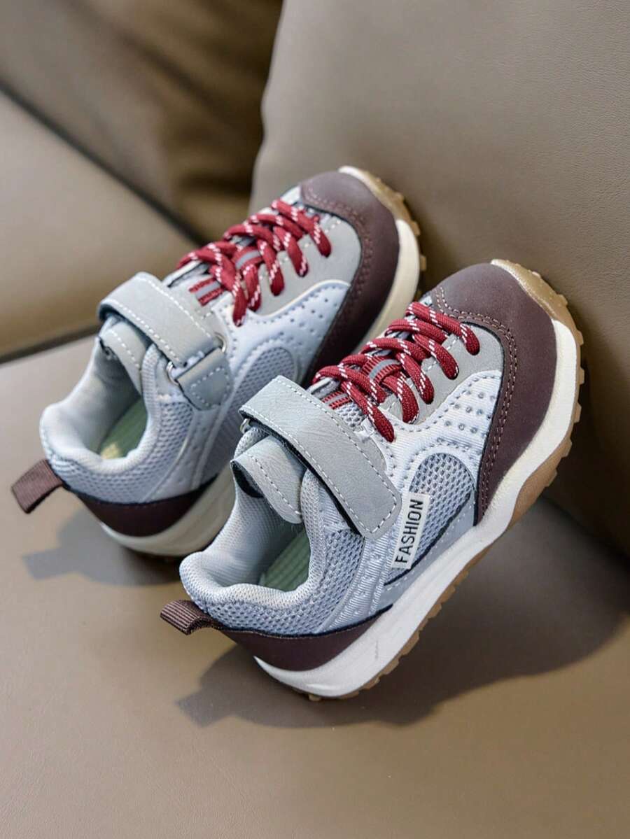 Unisex Kids' Retro Colorblock Jogging Shoes, Large Mesh Breathable Double-Layer Lace-Up Anti-Collision Toe Cap, Versatile Casual Sneakers - Grey - View 1