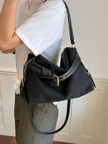 Vintage Contrast Color Belt Buckle Shoulder Crossbody Bag, Large Capacity Canvas & Leather Patchwork Tote Bag, Fashionable Versatile Commuter Handbag For Women - A - View 3