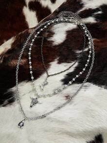 3pcs Western Cowboy Style Women's Chain Layered Necklace, Vintage Silver Bull Head, Cowboy Boots, Cowboy Hat Pendant Design, Versatile For Daily Wear, Express Your Personalized - Multicolor - View 5