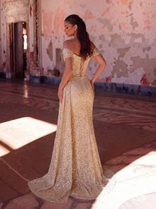 ADYCE Elegant Sequin One-Shoulder High-Waist Slit Backless Tie-Up Maxi Party Dress Fall Wedding - Champagne - View 6