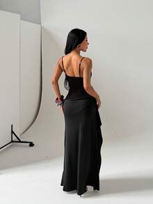 Women's Summer Black Spaghetti Strap Textured Slit Dress, Suitable For Date, Party, Ball, Gathering - Black - View 6