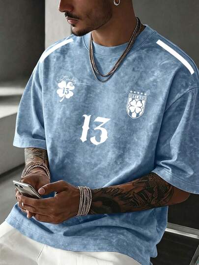 Men's Summer Short Sleeve T-Shirt, Number 13 Graphic Print, Breathable Knit Fabric, Suitable For Casual Daily Wear