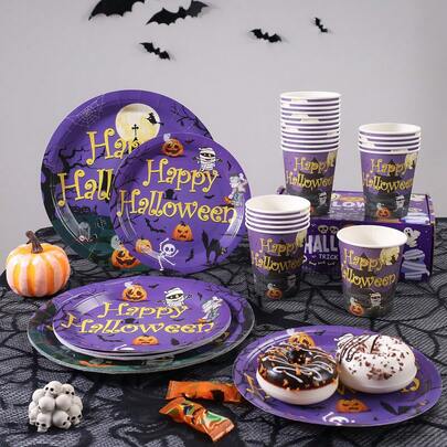 16/30pcs Halloween Disposable Paper Tableware Set, Purple Vintage Halloween Theme, Paper Plates And Cups Combination, Castle, Witch, Mummy, Pumpkin Lantern, Bat, Ghost Print, Classic Halloween Atmosphere Design, Suitable For Holiday Party, Family Gathering, Theme Decoration