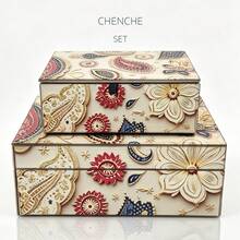 Set Of 2 Large & Small Paisley Floral Print Jewelry Box, Beige Rectangular Box With Black Velvet Lining, Decorative Accessory Storage Organizer For Dresser Bedroom Holiday Gift - Peisili - View 12