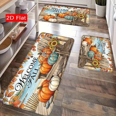 2D Flat Kitchen Rug , Pumpkin Autumn Pattern Printed Floor Mat, Lightweight Soft And Comfortable Flannel Rug, Suitable For Kitchen, Porch, Entryway Mat, Decorative Mat, Indoor Mat, Dining Area, Bathroom, Laundry Room, Doorway, Hom