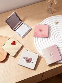 1PC Millennium Y2K Series Portable Vanity Mirror, Foldable Lightweight Ultra-Thin Convenient Hand Mirror, PU Leather, Suitable For Multiple Scenarios And All People, Foldable Square Mirror, Pocket Mirror, Cartoon Minimalist Heart Letter Pattern Design, Exquisite And Delicate, Easy To Carry, Handheld Makeup Mirror, 180° Flip Cover, Multi-Functional - Multicolor - View 1
