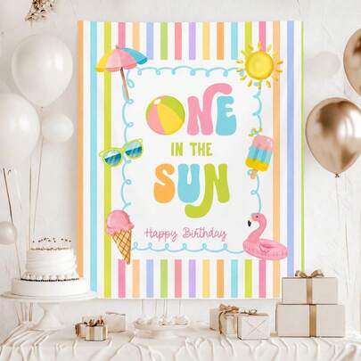 One In The Sun 1st Birthday Fabric Banner, Pool Party Kids Beach Birthday Name Backdrop, Custom 1st Birthday Girl Smash Cake Backdrop