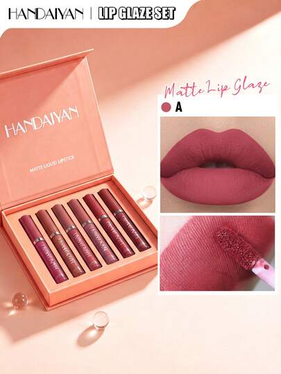HANDAIYAN Matte Lip Gloss Set, Waterproof & Non-Staining, Popular Makeup Matte 6-Piece Set, Lip Gloss & Lip Glaze Set (2.5ml*6) - Reduces Lip Fine Lines, Lip Stain, Suitable For Y2K Fashion, Halloween, Christmas, Daily Makeup, School Gift Set, Travel Set