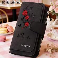 Rose & Butterfly Embroidered Women's Long Wallet Pink Faux Suede Clutch Purse With Wristlet Strap Zipper Card Holder Romantic Gift, Small Wallet - Multicolor - View 10